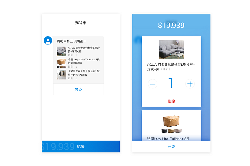 聊天訊息框裡顯示購物車商品以及商品總額計算
