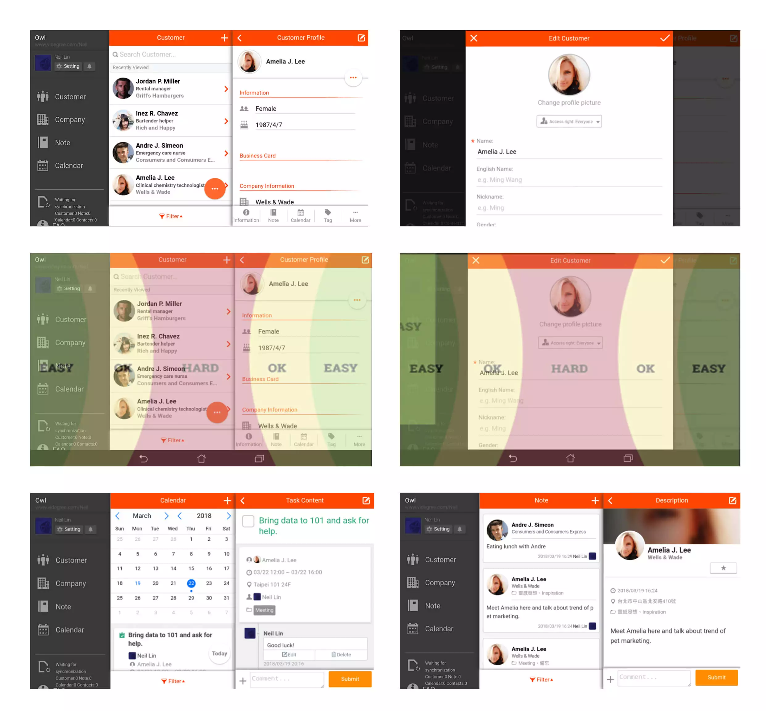Vital CRM APP (Tablet) 重點截圖，平板打橫可操作範圍較直式的區域廣。另外，因為中央區域會變得比較難按到，所以會把需要專注且較花時間的操作，放在靠近中央區域（因為此時操作情境偏向較常使用單手/點/放置平穩的模式），例如：編輯客戶資料。如果只是瀏覽資訊，情境會變成雙手/握/拇指滑動，會盡量靠近兩側可滑動區域。